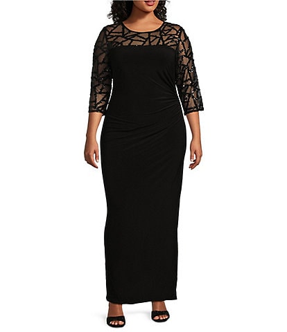 Le Bos Plus Size Stretch Sequin Lace Mesh Crew Neck 3/4 Illusion Sleeve Back Slit Column Dress