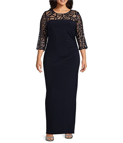 Le Bos Plus Size Stretch Sequin Lace Mesh Crew Neck 3/4 Illusion Sleeve Back Slit Column Dress