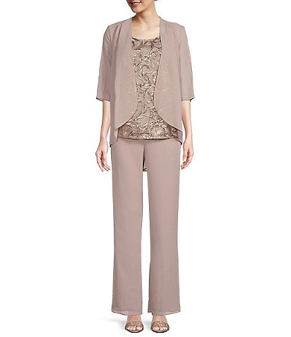 Le Bos Round Neck 3/4 Sleeve Sequin Embroidered 3-Piece Pant Set