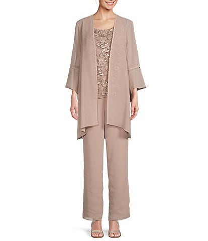 Le Bos Scoop Neck 3/4 Sleeve 3-Piece Bell Sleeve Duster Pant Set