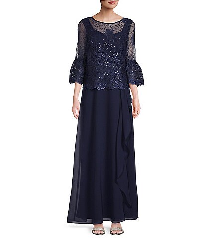 Le Bos Sequin Embroidered Bodice 3/4 Bell Sleeve Round Neck Cascade Ruffle Front Gown
