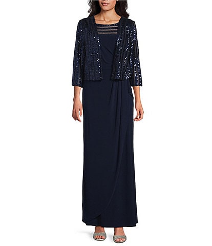 Le Bos Sequin ITY Round Illusion Neck Long Sleeve Jacket Dress