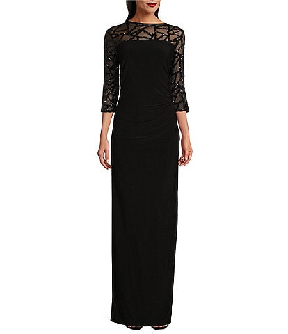 Le Bos Stretch Sequin Lace Mesh Crew Neck 3/4 Illusion Sleeves Back Slit Column Dress