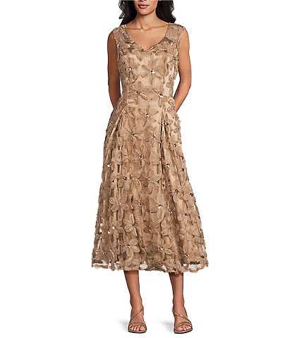 Le Bos V-Neck Sleeveless 3D Flower Mesh A-Line Dress