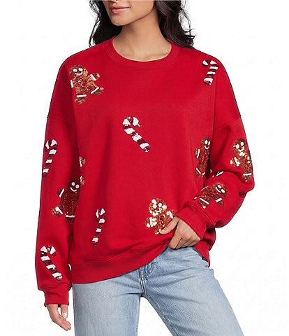 Le Lis Long Sleeve Gingerbread And Candy Cane Embroidered Sweatshirt