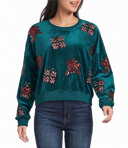 Le Lis Long Sleeve Round Neck Presents And Bows Sequin Embroidered Cropped Sweatshirt