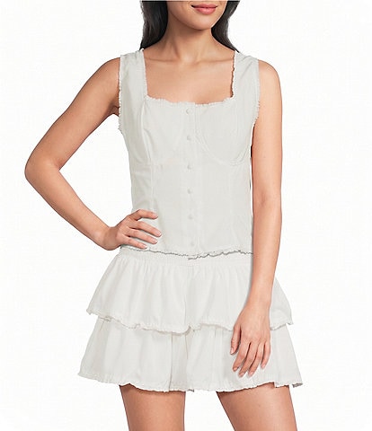 Le Lis Square Neck Button Front Corset Lace Trim Top