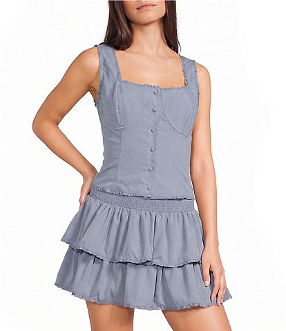 Le Lis Square Neck Button Front Corset Lace Trim Top