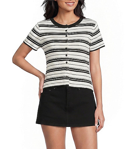 Le Lis Striped Short Sleeve Button Front Top