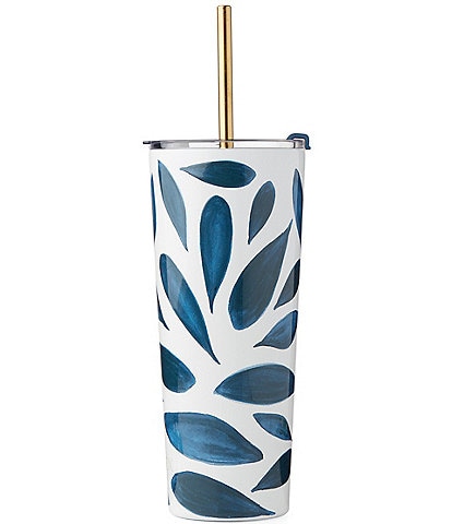 Lenox Blue Bay Leaf Double-Wall Stainless Steel Tumbler With Straw