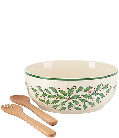 Lenox Holiday Holly Salad Bowl with Wooden Spoons