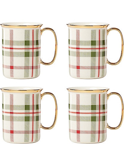 Lenox Holiday Tartan Plaid 24K Gold Accent Mugs, Set of 4