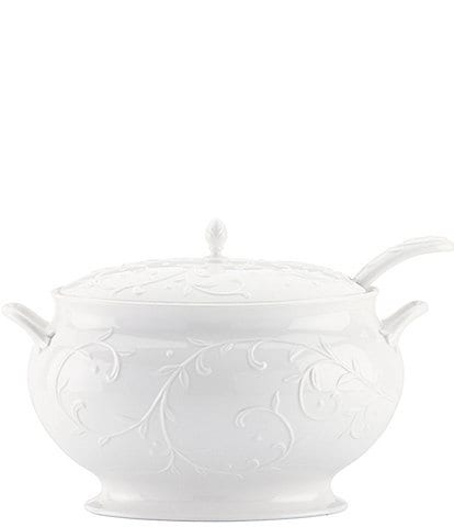 Lenox Opal Innocence Carved Scroll Porcelain Soup Tureen with Ladle