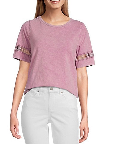 Leo & Nicole Acid Wash Crew Neck Short Sleeve Crochet Trim Knit Tee