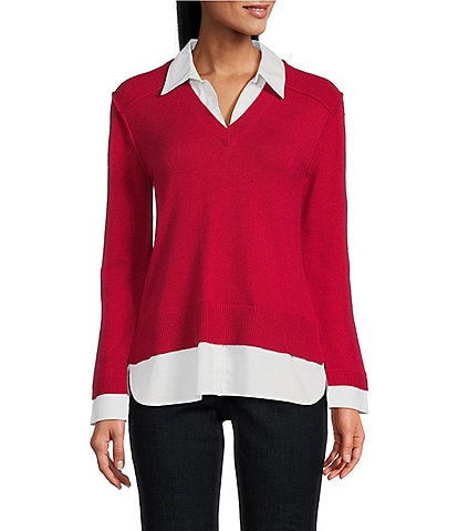 Leo & Nicole Collared V-Neck Long Sleeve Layered Sweater