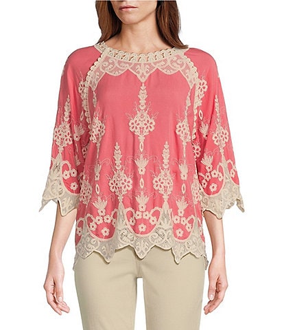 CLOTHING - WOMEN'S LACE DUSTY ROSE 3/4 BELL SLEEVE TUNIC SHIRT