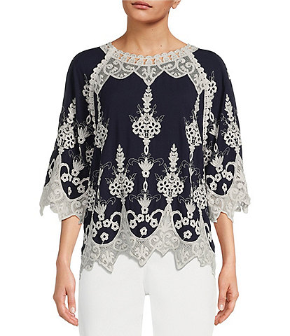Leo & Nicole Contrast Embroidered Lace Scoop Neck Scallop Edge 3/4 Sleeve Top