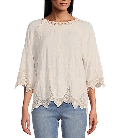 Leo & Nicole Contrast Embroidered Lace Scoop Neck Scallop Edge 3/4 Sleeve Top