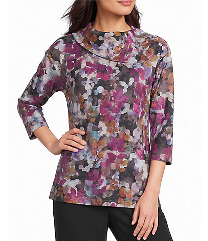 Leo & Nicole Hacci Rematch Floral Envelope Collar 3/4 Sleeve Pullover Top