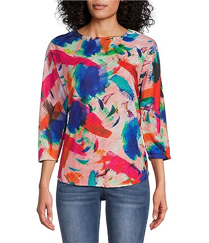 Leo & Nicole Hibiscus Wonder Print Placement Textured Knit Boat Neck 3/4 Dolman Sleeve Top