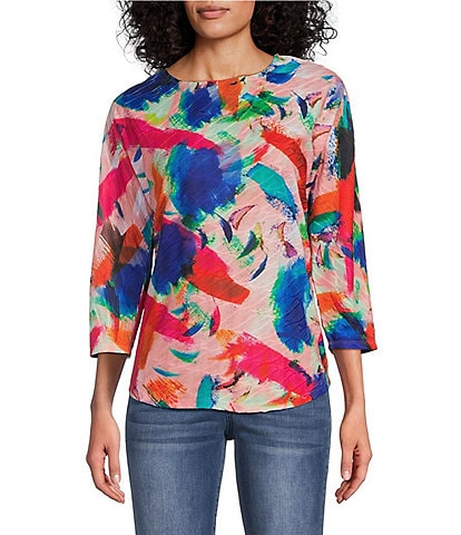 Leo & Nicole Hibiscus Wonder Print Placement Textured Knit Boat Neck 3/4 Dolman Sleeve Top