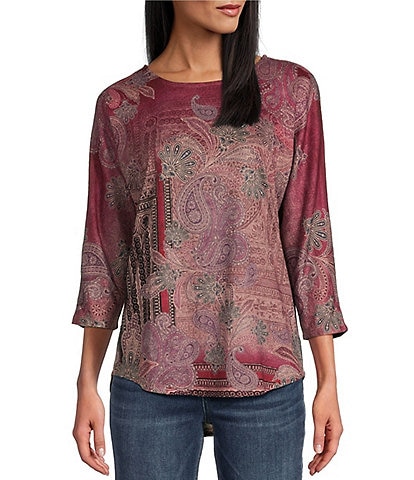 Leo & Nicole Knit Paisley Patrol Print Crew Neck 3/4 Dolman Sleeve Top