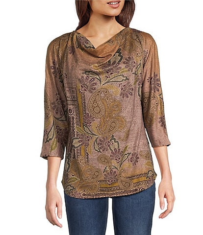 Leo & Nicole Knit Paisley Patrol Print Drape Neck 3/4 Dolman Sleeve Top