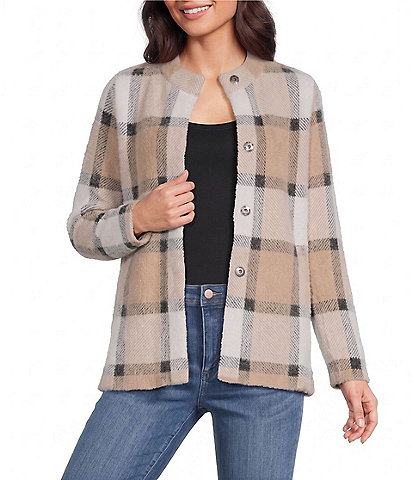 Leo & Nicole Knit Plaid Mandarin Long Sleeve Snap Front Jacket