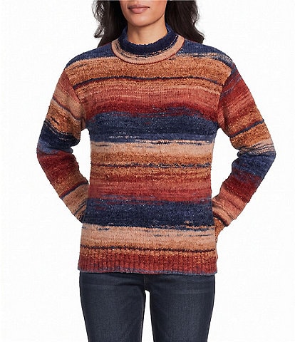 Leo & Nicole Knit Space Dye Stripe Mock Neck Long Sleeve Ribbed Sweater