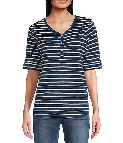 Leo & Nicole Knit Stripe V-Neck Elbow Sleeve Top