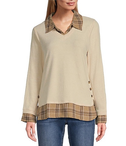 Leo & Nicole Mixed-Media Plaid Point Collar Long Sleeve Layered Sweater