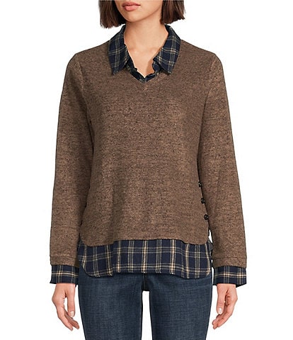 Leo & Nicole Mixed-Media Plaid Point Collar Long Sleeve Layered Sweater