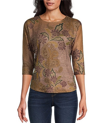 Leo & Nicole Petite Size Knit Allover Print Crew Neck 3/4 Dolman Sleeve Top