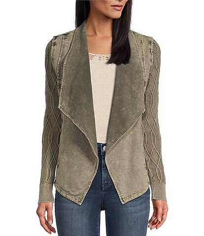 Leo & Nicole Petite Size Long Cable Knit Sleeve Lapel Collar Acid Wash Thermal Open Front Cardigan