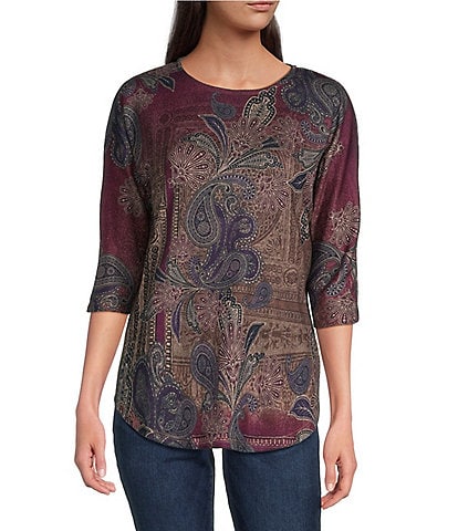 Leo & Nicole Petite Size Stretch Knit Paisley Patrol Print Crew Neck 3/4 Dolman Sleeve Top