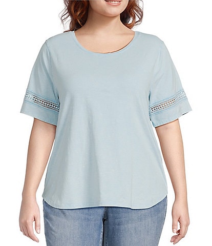 Leo & Nicole Plus Size Acid Wash Crew Neck Short Sleeve Crochet Trim Knit Tee