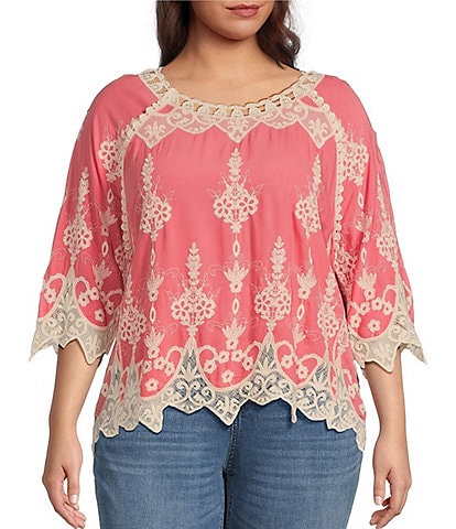 Leo & Nicole Plus Size Contrast Embroidered Lace Scoop Neck Scallop Edge 3/4 Sleeve Top