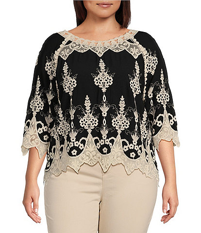 Leo & Nicole Plus Size Contrast Embroidered Lace Scoop Neck Scallop Edge 3/4 Sleeve Top