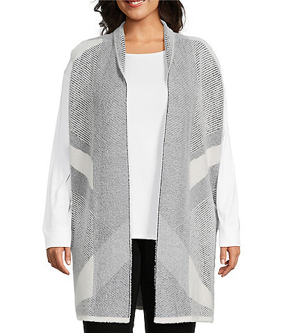 Leo & Nicole Plus Size Geo Print Shawl Collar Sleeveless Open-Front Sweater Vest