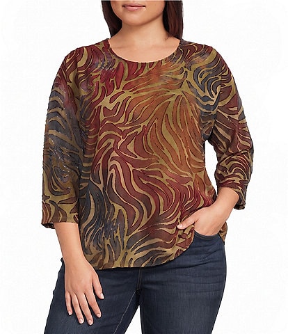 Leo & Nicole Plus Size Jacquard Zebra Print Crew Neck 3/4 Dolman Sleeve Top