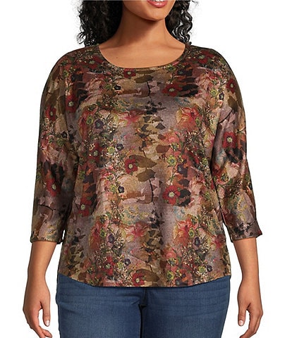 Leo & Nicole Plus Size Knit Floral Print Crew Neck 3/4 Dolman Sleeve Top