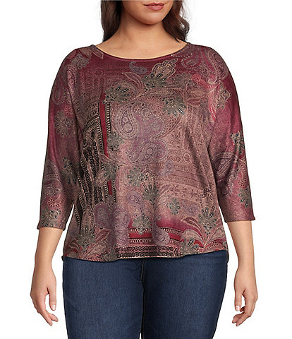 Leo & Nicole Plus Size Knit Paisley Patrol Print Crew Neck 3/4 Dolman Sleeve Top