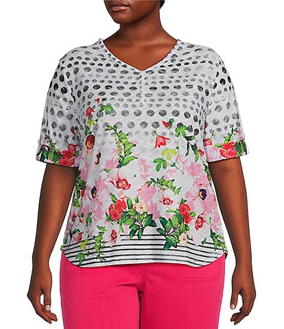Leo & Nicole Plus Size Dot Floral Printed V-Neck Short Roll-Tab Sleeve Top