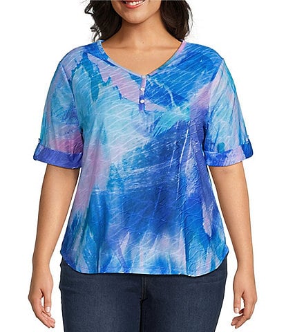 Leo & Nicole Plus Size Textured Knit Printed V-Neck Short Roll-Tab Sleeve Top