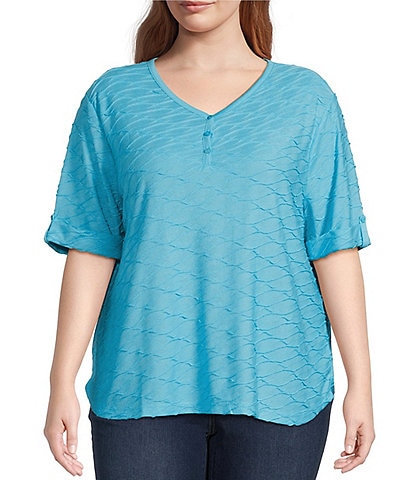 Leo & Nicole Plus Size Textured Woven V-Neck Elbow Length Roll-Tab Sleeve Top