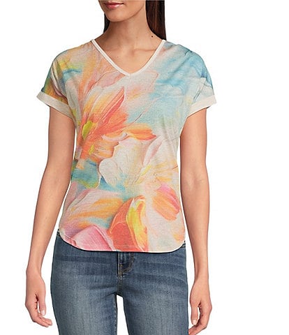 Leo & Nicole Floral Print V-Neck Short Roll Cuff Sleeves Tee Shirt
