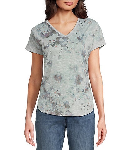 Leo & Nicole Blotted Floral Print V-Neck Short Sleeve Tee Shirt