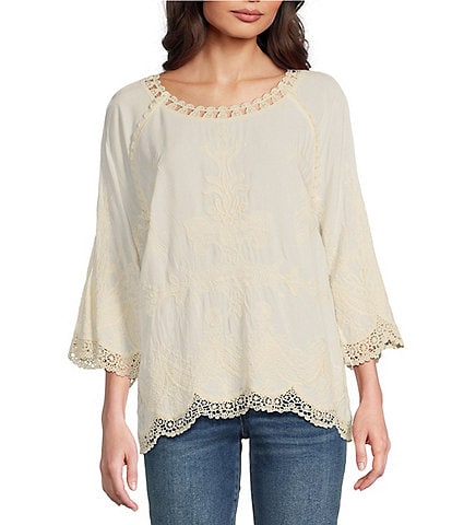 Leo & Nicole Woven Embroidered Scalloped Lace Trim Scoop Neck 3/4 Sleeve Tunic