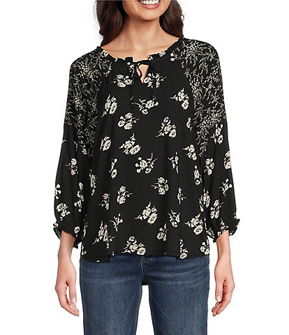 Leo & Nicole Woven Floral Mixed-Print Split Round Tie Neck 3/4 Dolman Sleeve Top