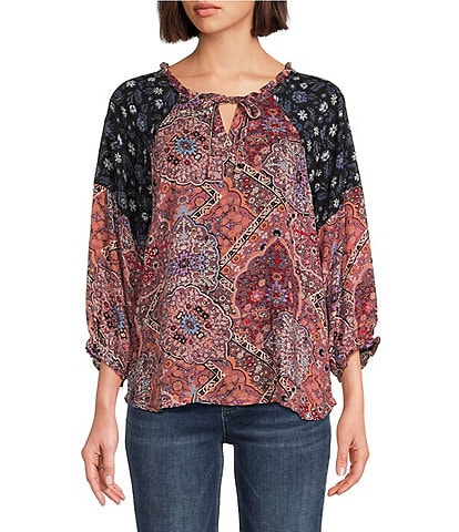 Leo & Nicole Woven Mixed-Print Split Round Tie Neck 3/4 Dolman Sleeve Top